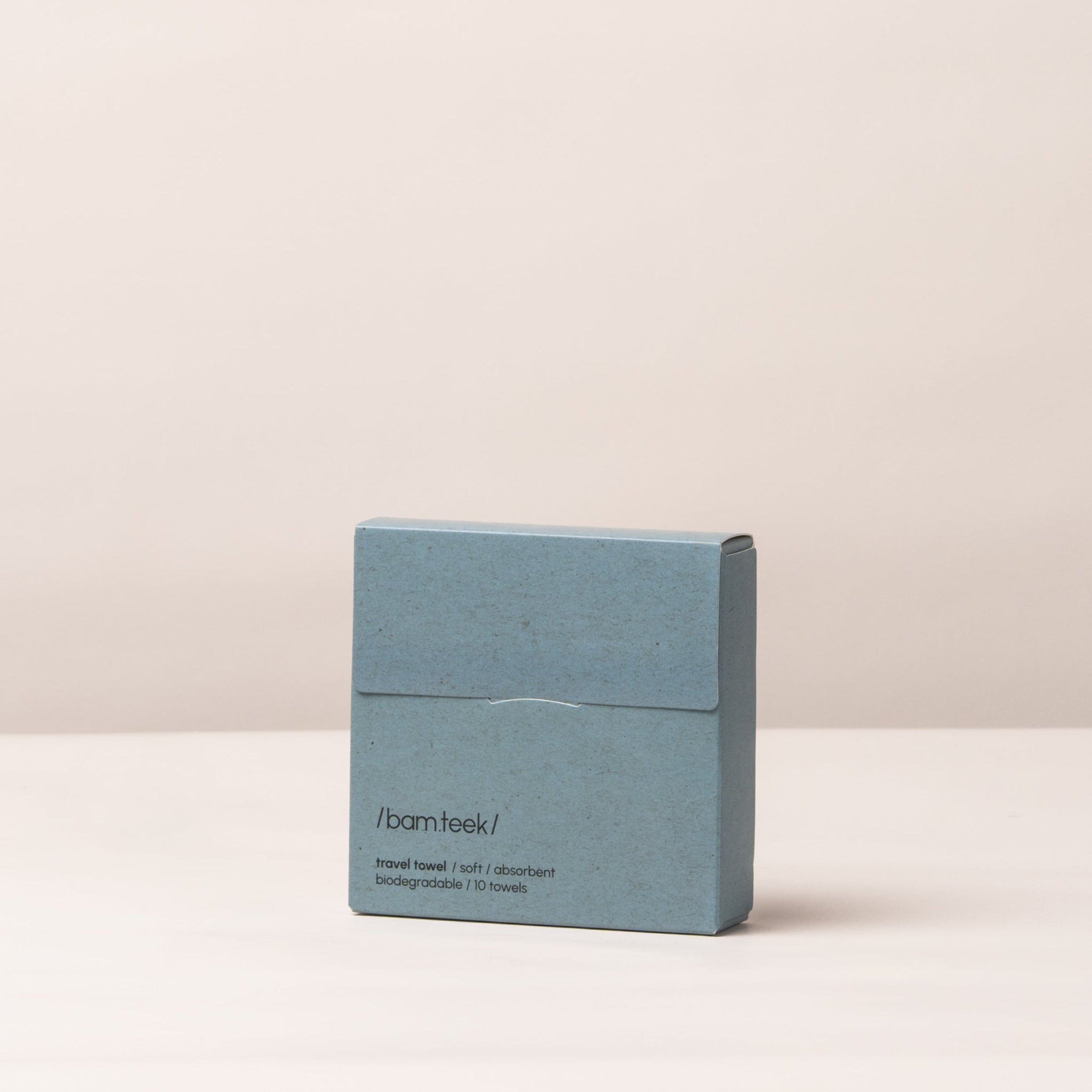 Travel Towel packaging by Bamteek Kuwait, featuring a soft, absorbent, and biodegradable design.